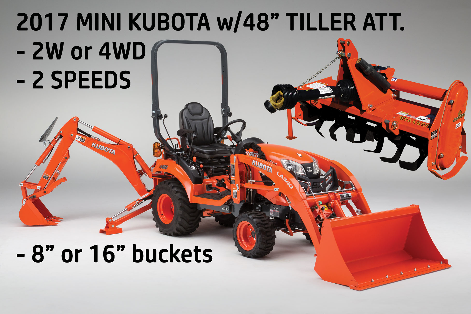 Kubato Mini backhoe, tiller