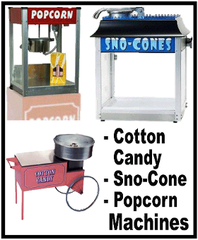 Cotton candy, snow cone and popcorn machines are great for little or big parties for Kids of every age!